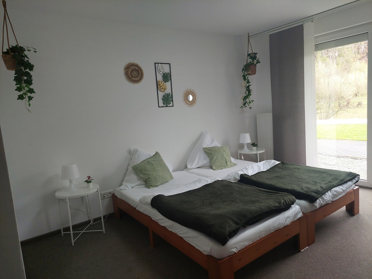 A spacious guest room features two large beds outfitted with plush dark green blankets. Decorative elements include wall art, a round mirror, and plant hangers. A door leads to an outdoor area, with natural light illuminating the room.