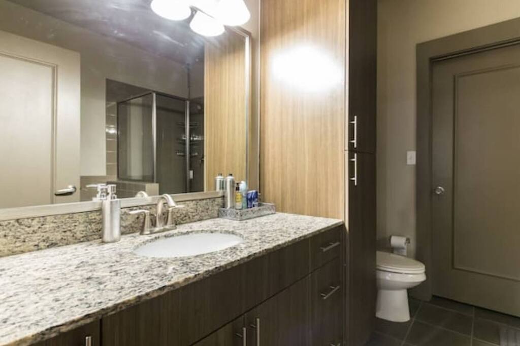 Large bathroom with shower and tub. Toiletries provided.