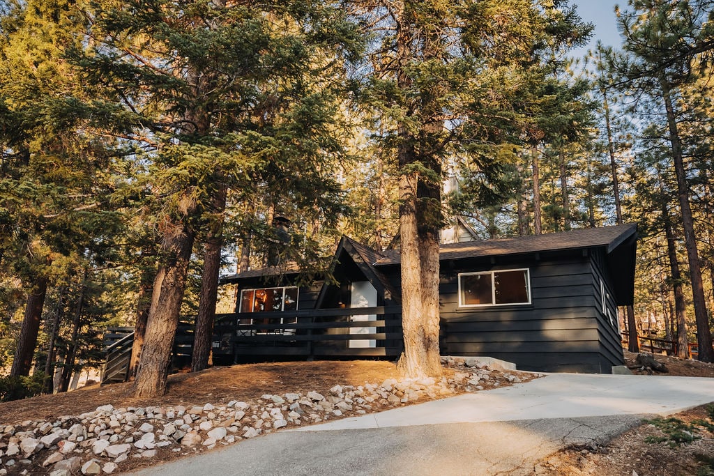 A charming cabin is situated among tall pine trees, showcasing a dark exterior that blends with the natural surroundings. A wrap-around deck is visible, complemented by a pathway leading to the entrance. The sun filters through the trees, casting soft shadows on the ground.