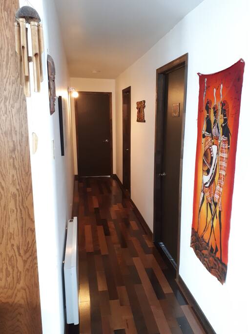 Couloir vers chambre visiteurs (fond) - salle de bain 1ère porte à droite. Porte du centre: rangement. Chambre du propriétaire juste à droite (non visible).