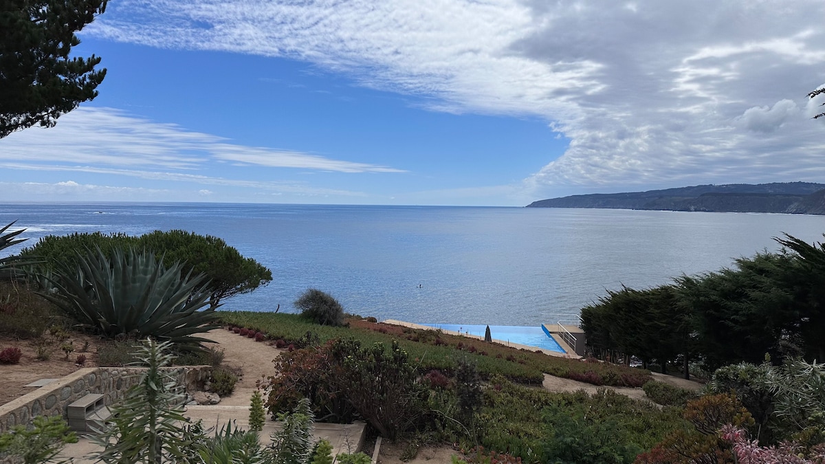 A serene view of the Pacific Ocean is captured, with gentle waves lapping against the shoreline. Lush greenery and colorful flowers are visible in the foreground, complementing the expansive blue sky and distant coastal cliffs that frame the horizon.