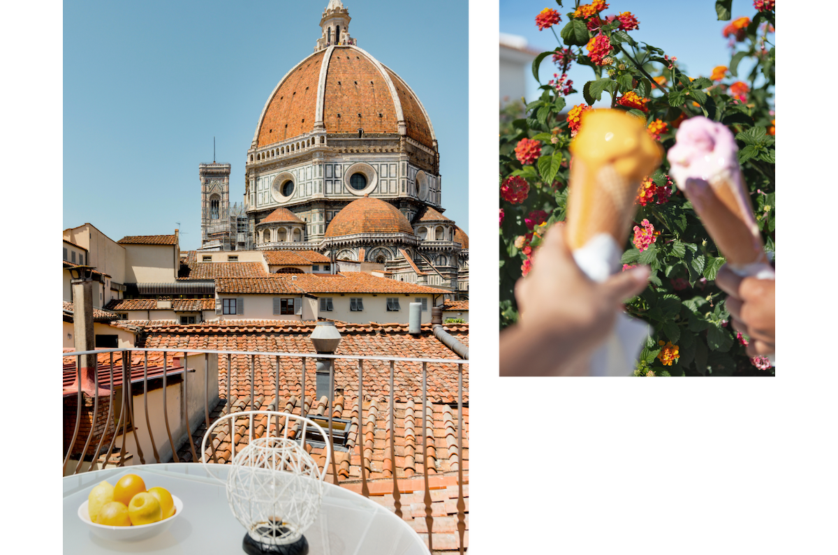 An historic apartment in the heart of the city of Florence. From the outdoor veranda, the terracotta hue of the city’s rooftops contrast the blue sky of this old-world Italian town. The second image is of two hands holding onto creamy, delicious gelato cones in a beautiful Florentine garden.