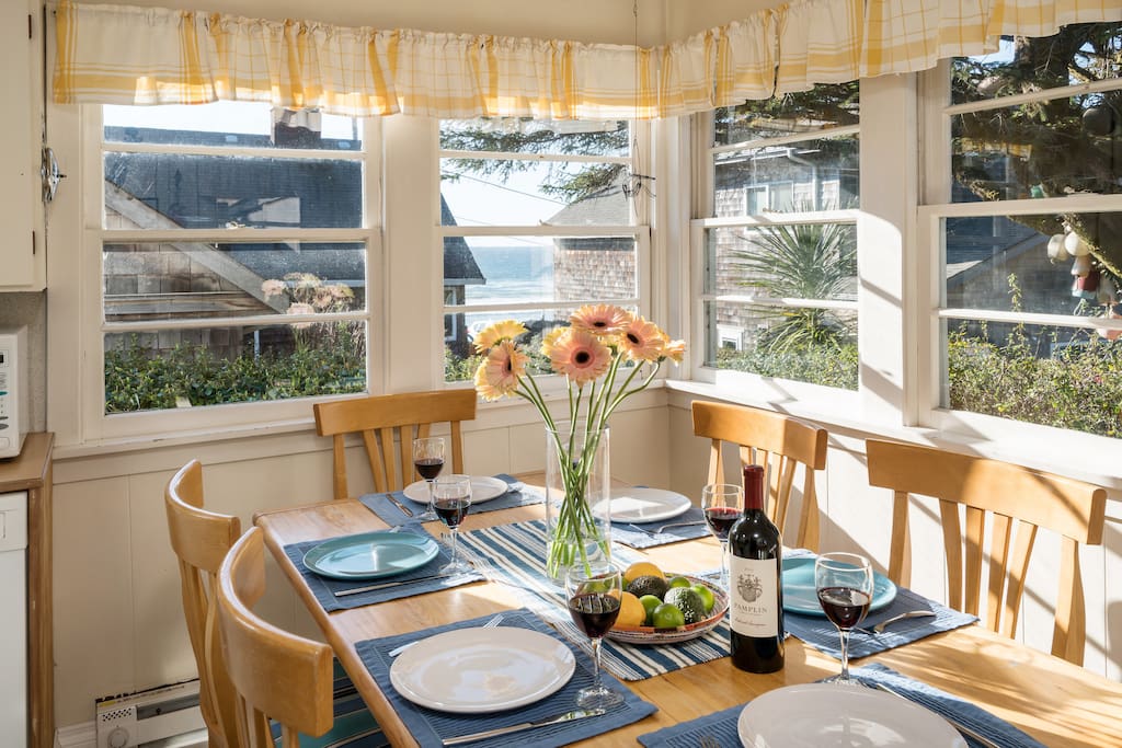 Enjoy leisurely meals and the ocean view at the dining table, seats 6