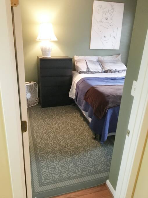 Queen sized bed with closet and dresser