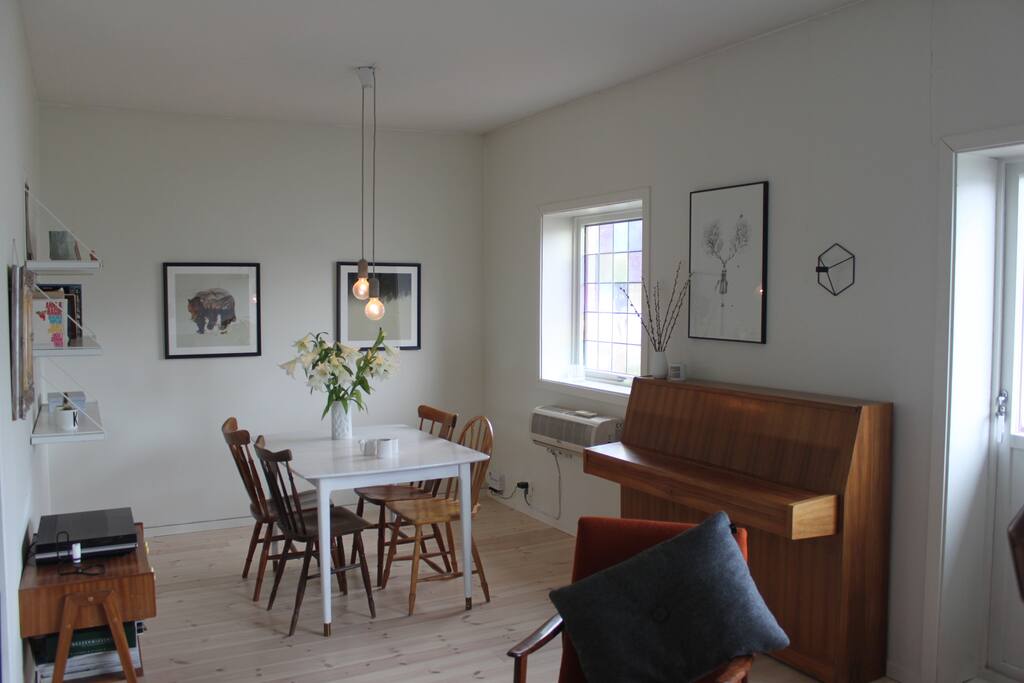 Living room with dining table.