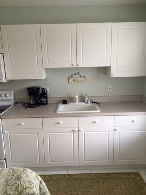 Kitchen cabinets and sink.