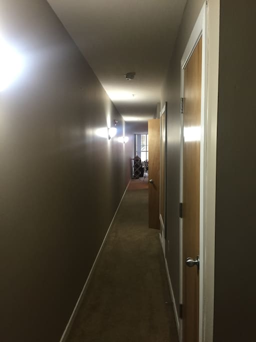 When you walk in: second bedroom first door to right, then bathroom, washer/dryer, master bedroom, and finally the living room