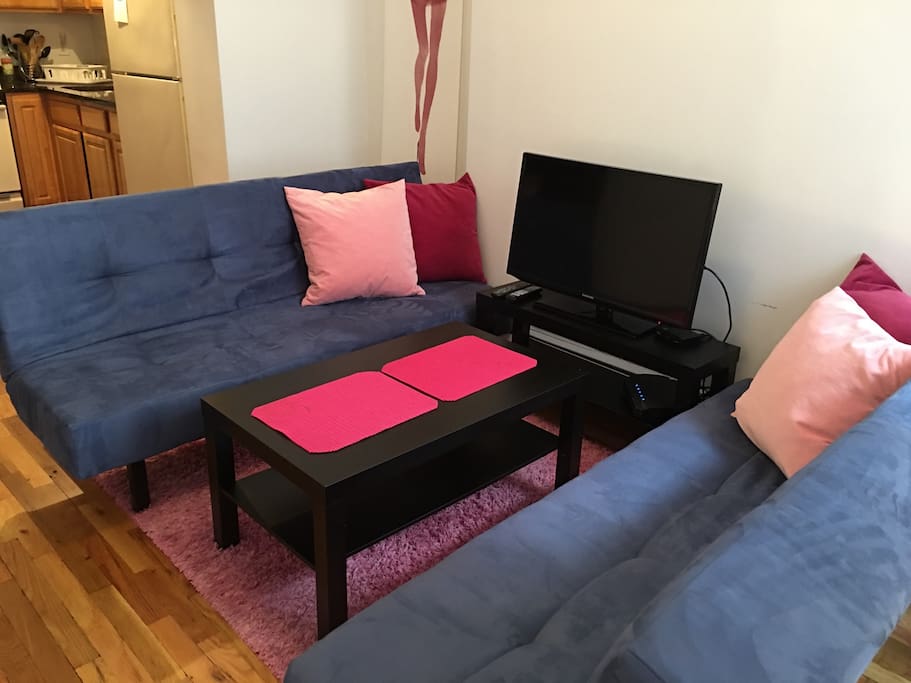 Both Brand New Sofas each fold down to a full size bed!