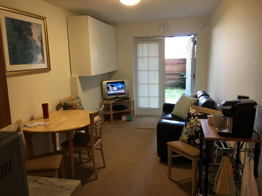 Living room with view of French door entry and patio