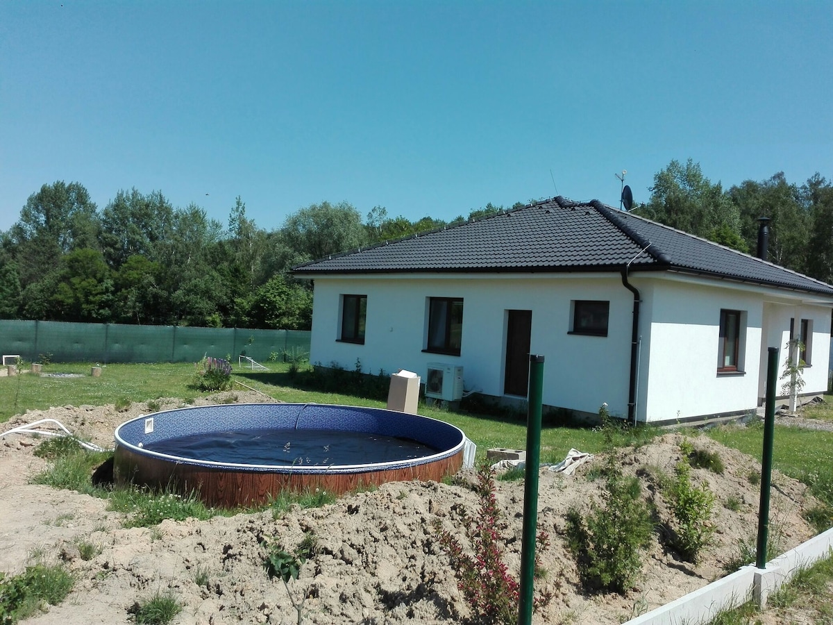 A new construction house is set within a spacious yard, featuring a swimming pool surrounded by sand. The structure is accented by large windows and a dark roof, with trees and greenery in the background, providing a natural and serene environment.