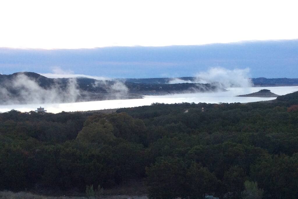 The view of the lake on a crisp Fall morning while enjoying your coffee or tea on the balcony.
