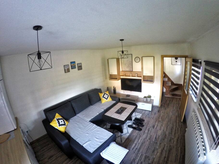 living room with kitchen