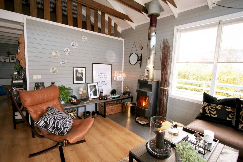 The living room and the cosy fireplace
