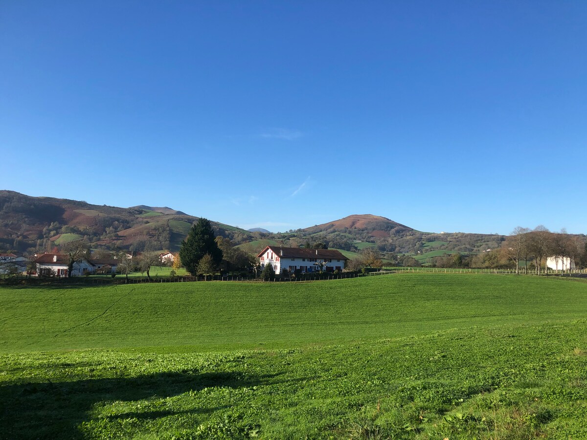 A panoramic view of rolling green fields is captured under a clear blue sky. The landscape is dotted with rustic homes and a solitary tree, framed by gentle hills that rise in the background, showcasing a serene rural setting.