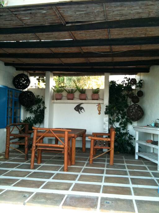 The patio downstairs overlooking the pool.