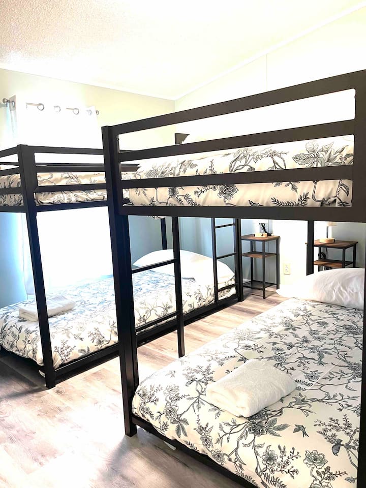 Bedroom with two bunk beds. 