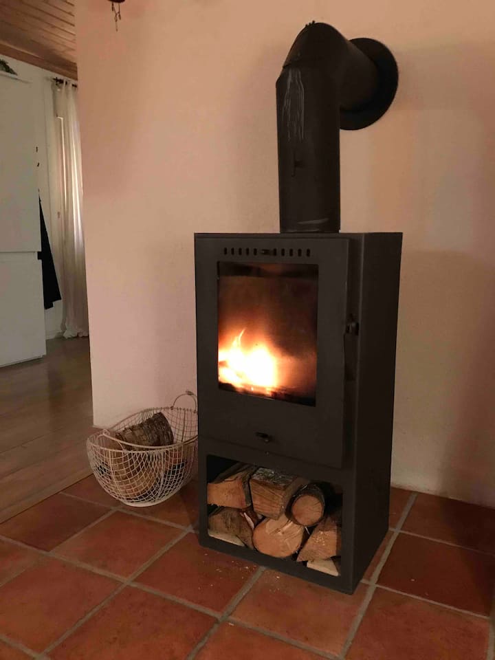 In the living room, there is a fireplace, wood is on us!
