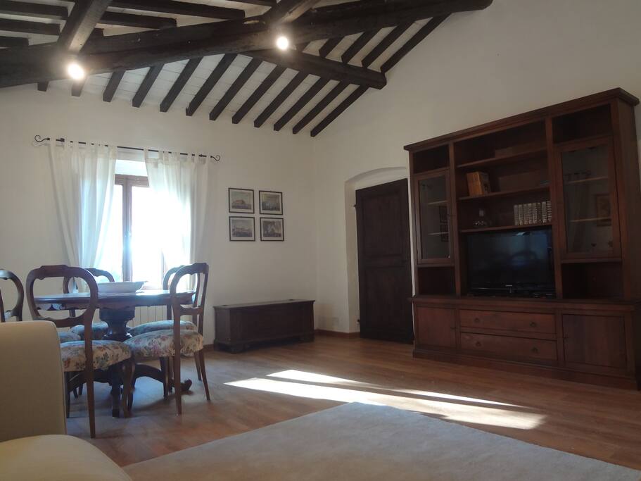 salone con tv caminetto e divano letto