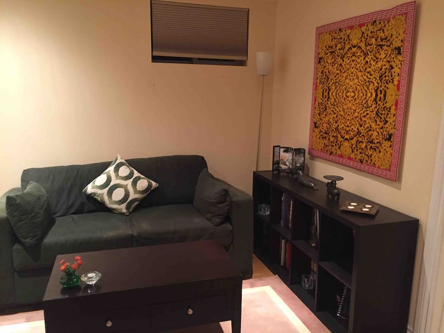 Comfortable sitting area with books and art from around the world.