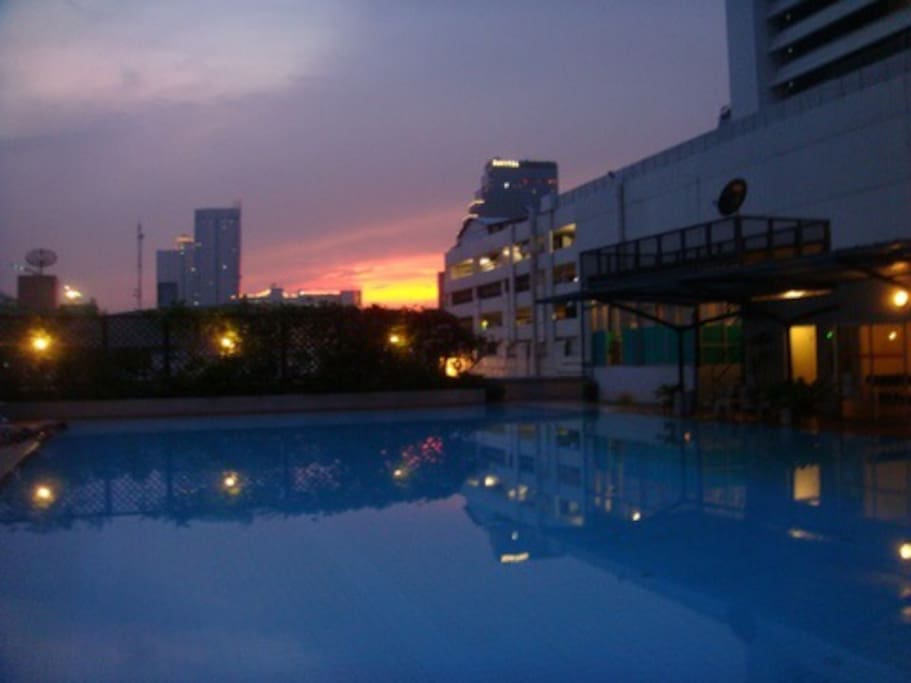 the swimming pool at night.