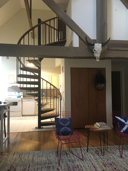 Spiral stairs to the lofted bedroom