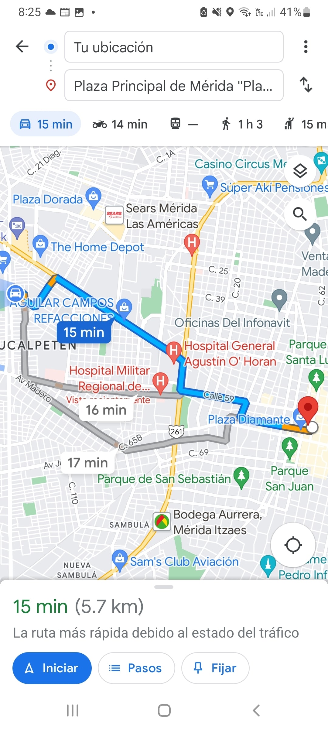 A digital map illustration shows the route from a starting location to Plaza Principal de Mérida. Lines and arrows indicate the directions, with estimated travel times mentioned. Various landmarks and locations are marked for easy navigation, providing travelers with clear access to local destinations.