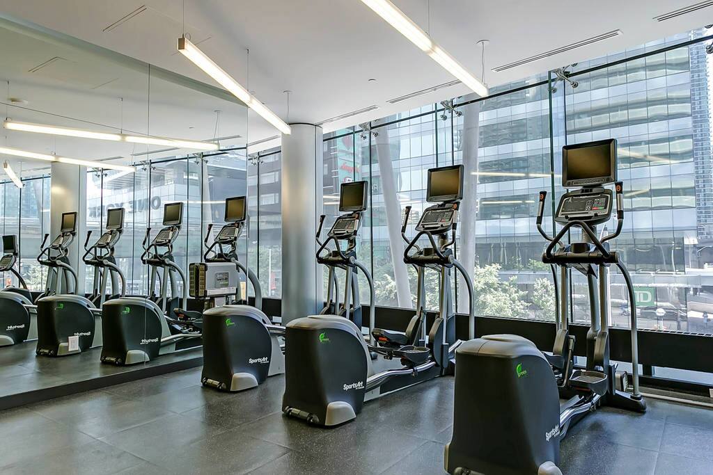 Never miss a workout with a full gym over looking the downtown traffic.