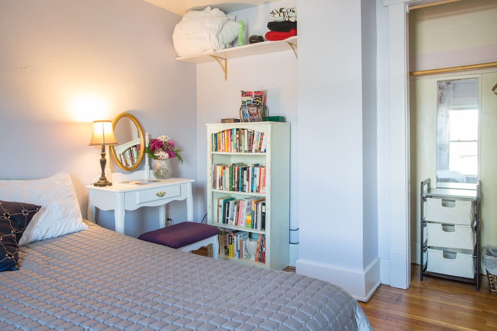 You will have a vanity, febreeze, hair dryer, towels, an extra blanket, hangers, drawers, and Buffalo reading materials.