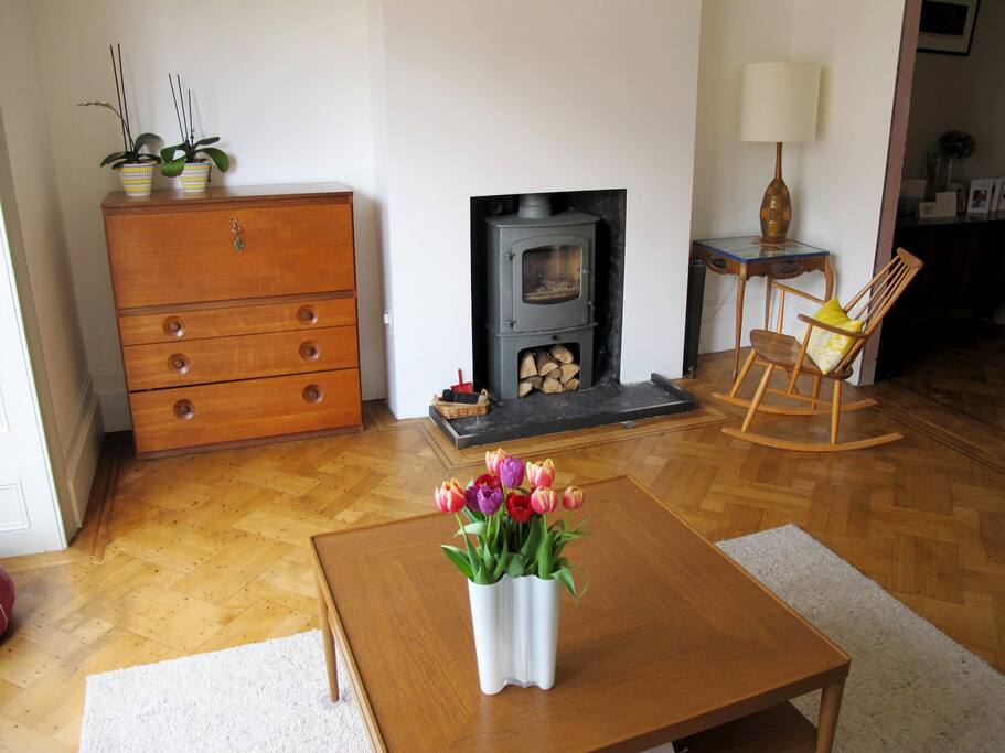 Living room with wood burning stove.