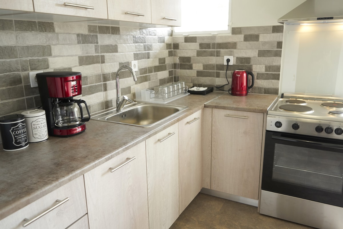 The kitchen area features modern cabinetry with a grey and beige tile backsplash. A stainless steel sink is present beside a coffee maker and an electric kettle. An oven and stovetop are shown on the right, completing the functional space.