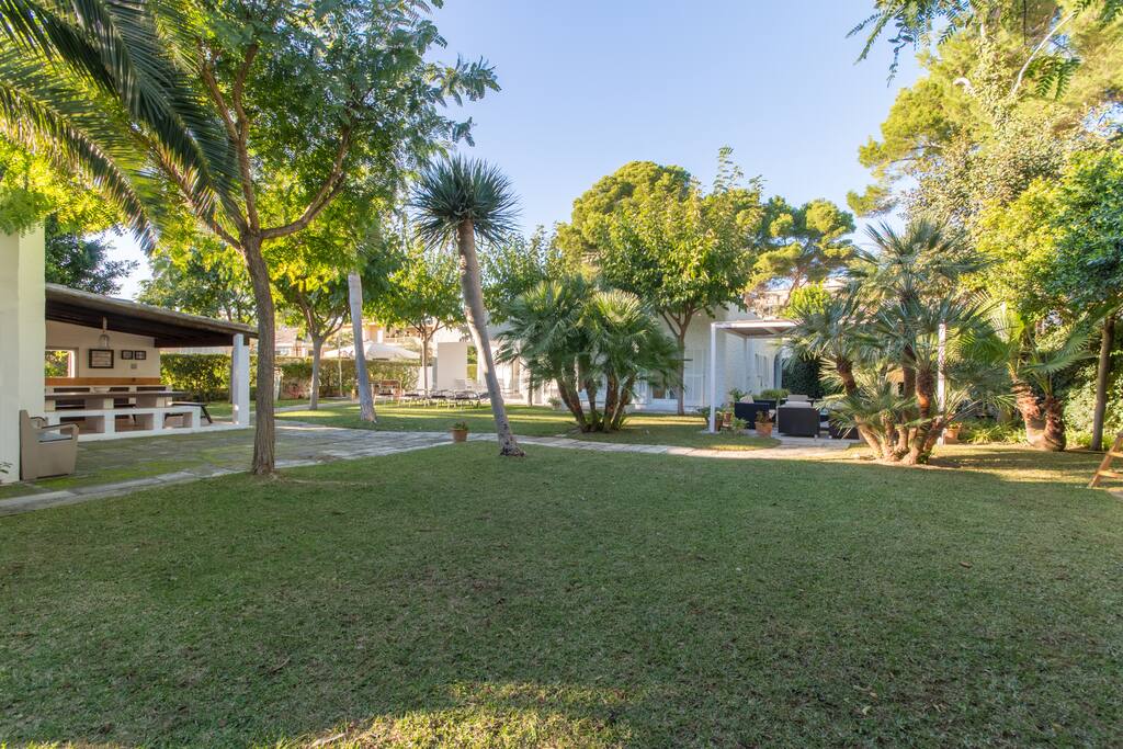Outdoor area is designed with lots of green space and Mediterranean plants and trees.
