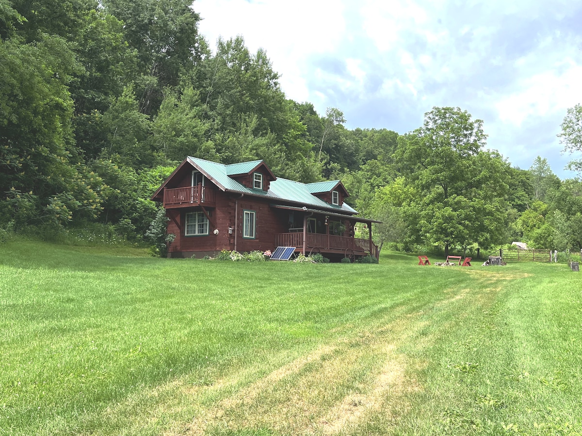 A red cabin with a green metal roof is nestled amongst trees in a grassy landscape. Solar panels are positioned near the porch, which extends across the front of the cabin. The surrounding area is open, featuring lawn chairs and benches placed on the well-kept lawn.