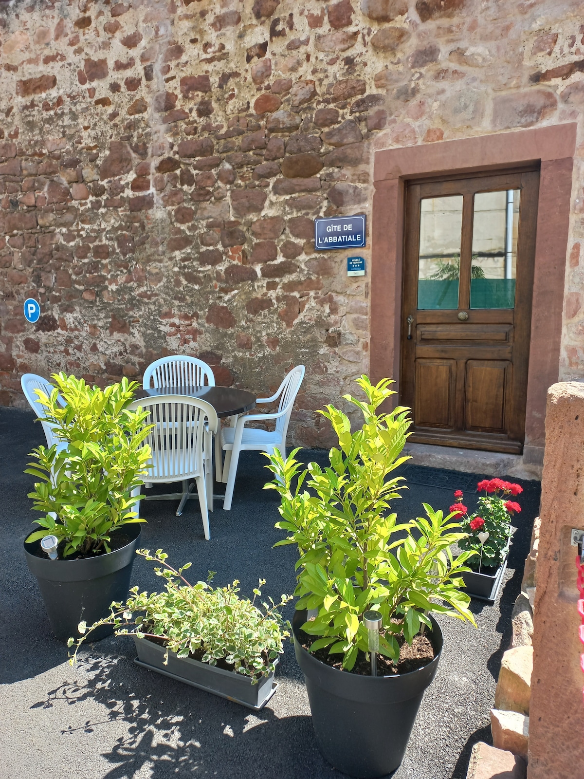 An outdoor seating area is presented, featuring a wooden door leading into the loft. A small table surrounded by white chairs sits on a paved surface. Potted plants with vibrant foliage and flowers add greenery to the entrance, enhancing the welcoming atmosphere.