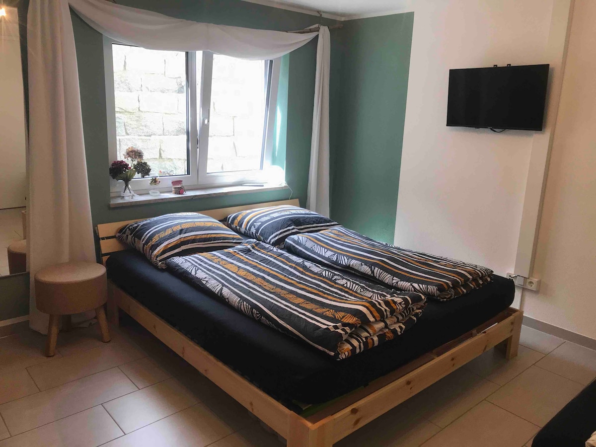 A spacious sleeping area features a double bed with striped bedding, positioned against a green accent wall. Natural light floods the room through a large window, which is partially draped. A flat-screen TV is mounted above the bed, while a small stool is placed nearby.