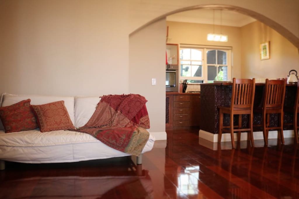 Futon couch for 1-2 people in lounge area. Well equipped kitchen.