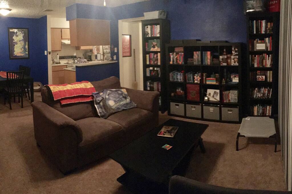 View of the apartment from the TV. You can see the rest of the living room, some of the dining room and kitchen, and into the hallway where the bedrooms are.