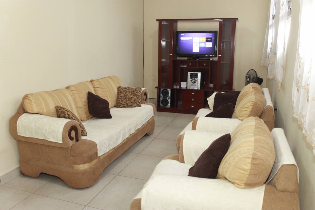 Living room with roku TV and stereo