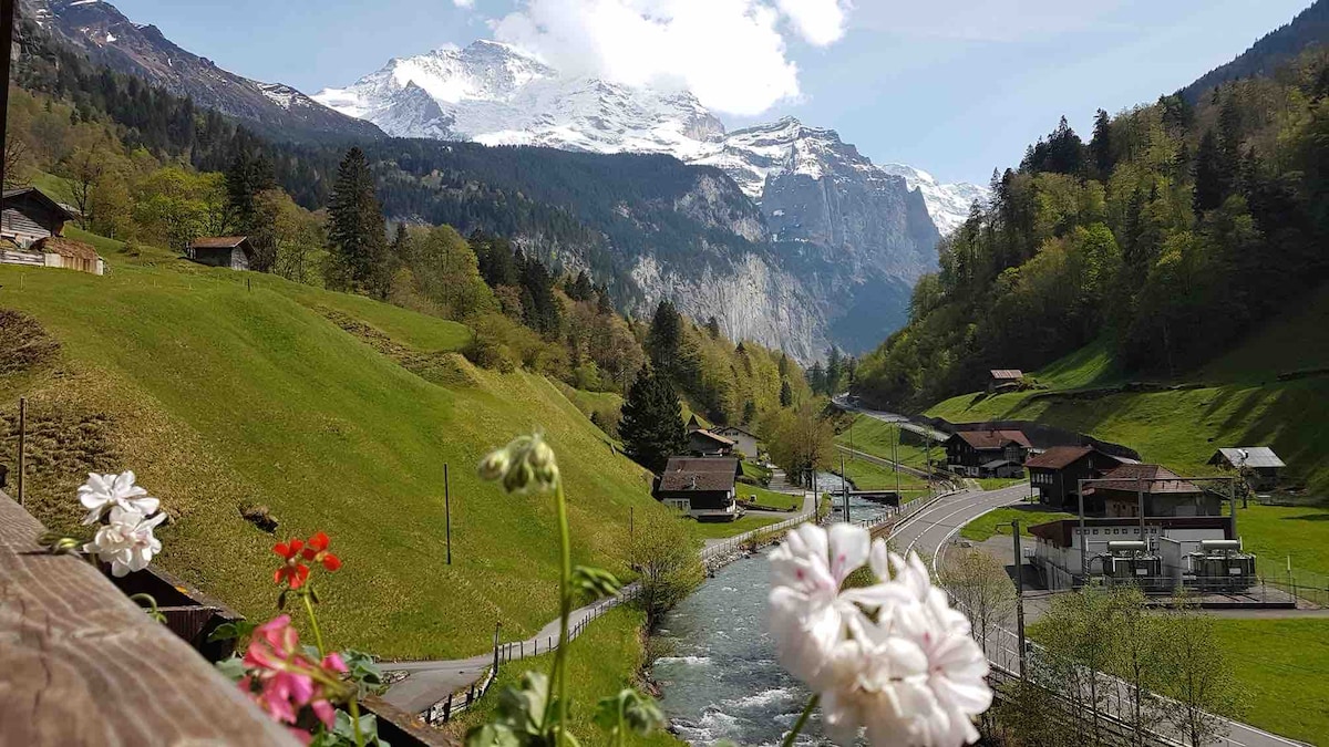 A scenic view showcases a winding river flowing through lush green hills, with quaint wooden houses dotting the landscape. Majestic mountains rise in the background, partially covered by snow, under a blue sky with scattered clouds. Colorful flowers are visible in the foreground.