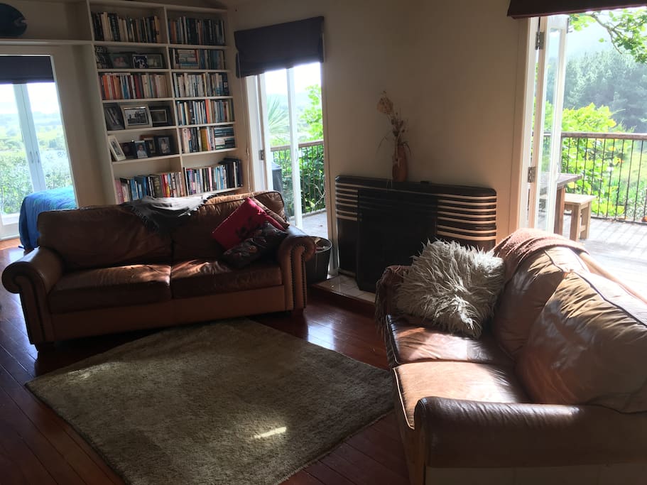 Lounge - leather sofas, fireplace, deck, tv, books