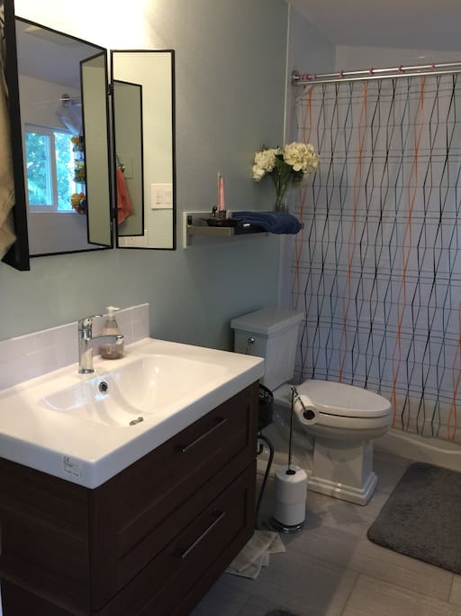 Private bath with tub and bath toys