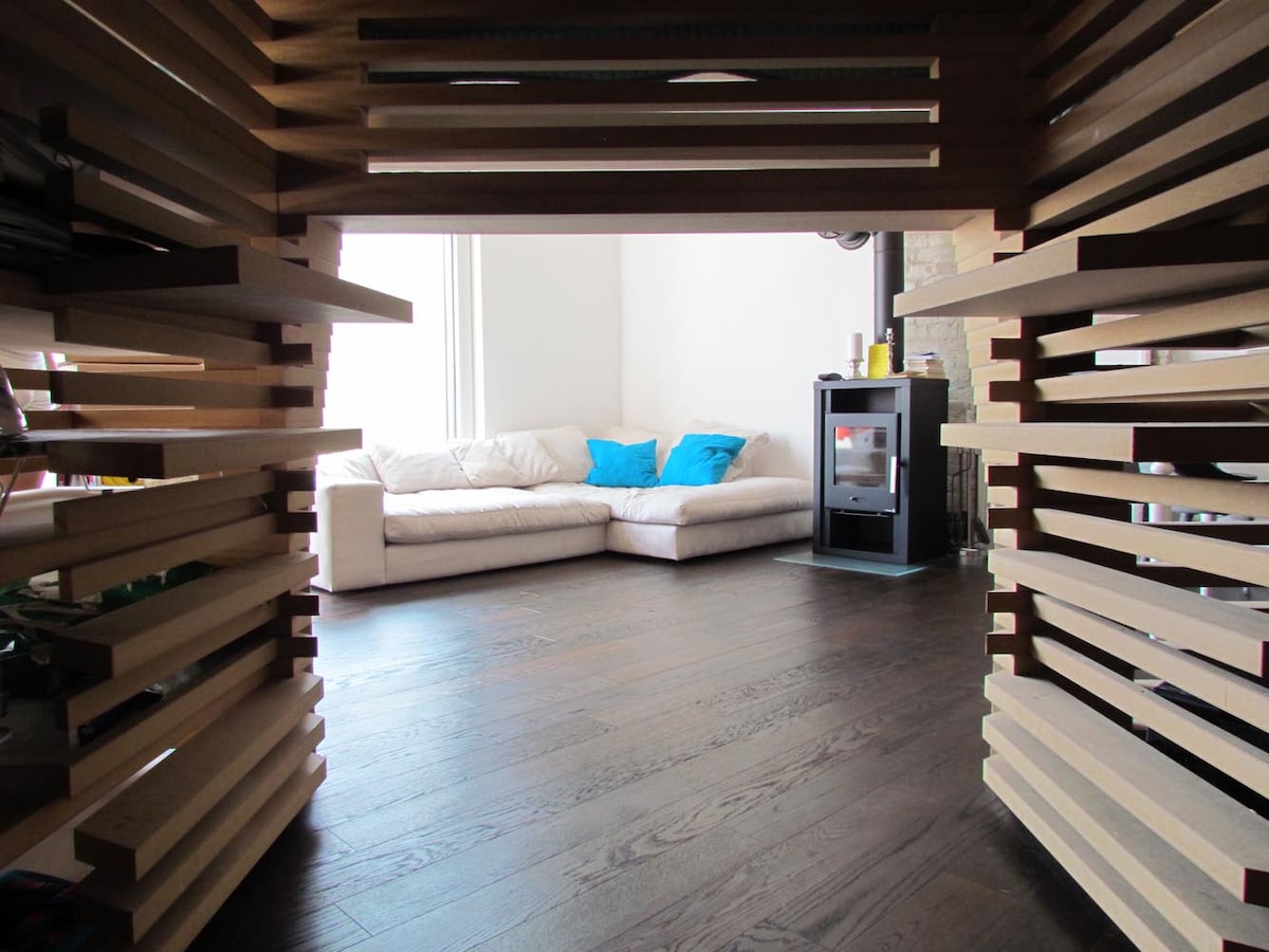 A view is offered through a striking wooden partition, revealing a spacious living area with a light-colored sofa adorned with bright blue cushions. A modern fireplace is positioned against a white wall, contributing to the inviting atmosphere of the apartment.