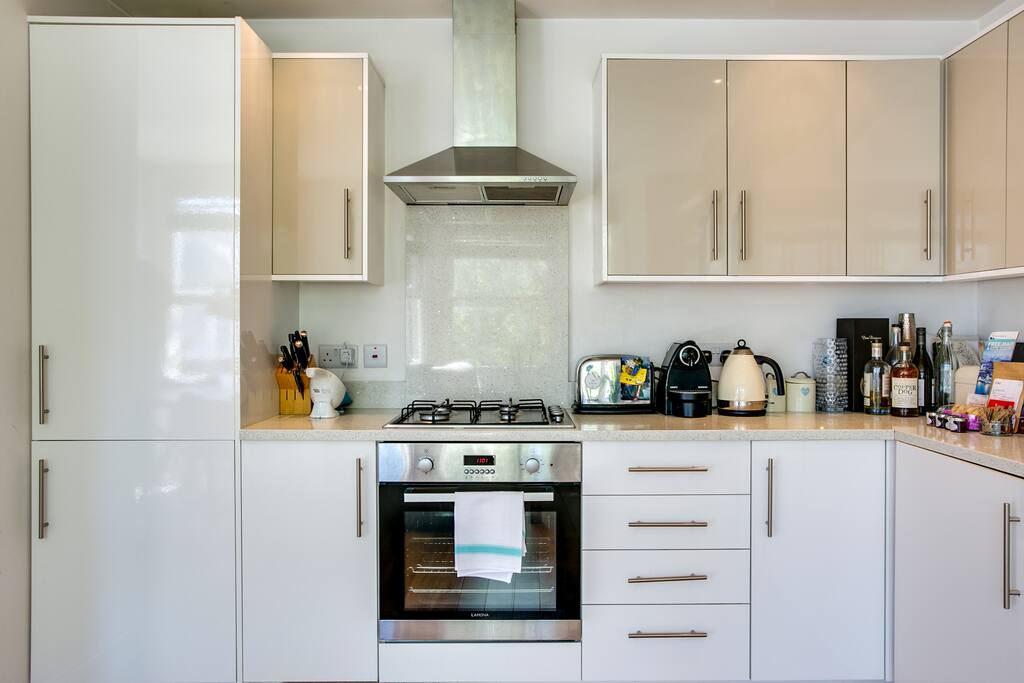 A sleek, fully-equipped kitchen...