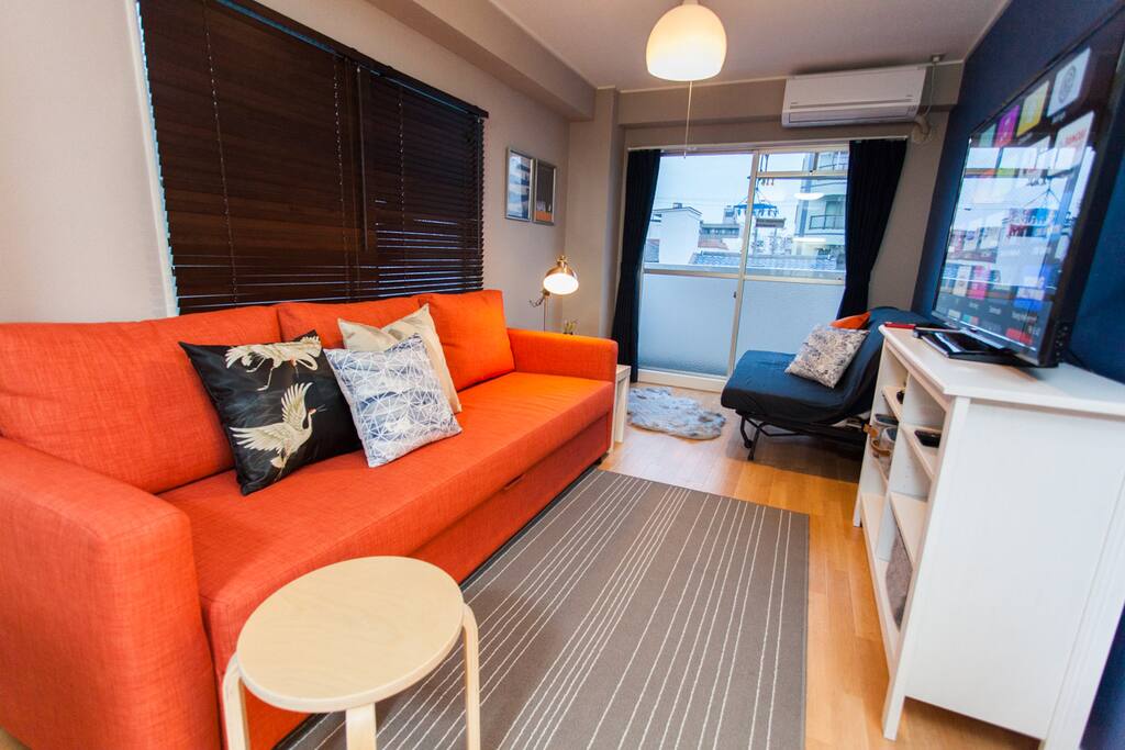 comfortable sofas that pull out to a full-sized double bed, and a semi-double bed