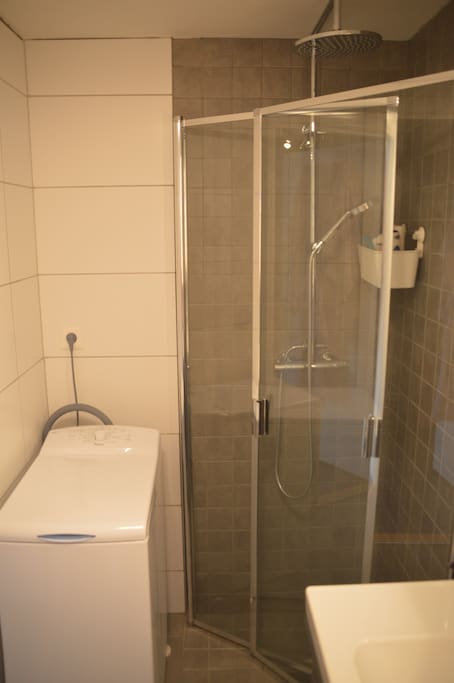 Bathroom, shower and washing machine. The bathroom was renovated in 2015.