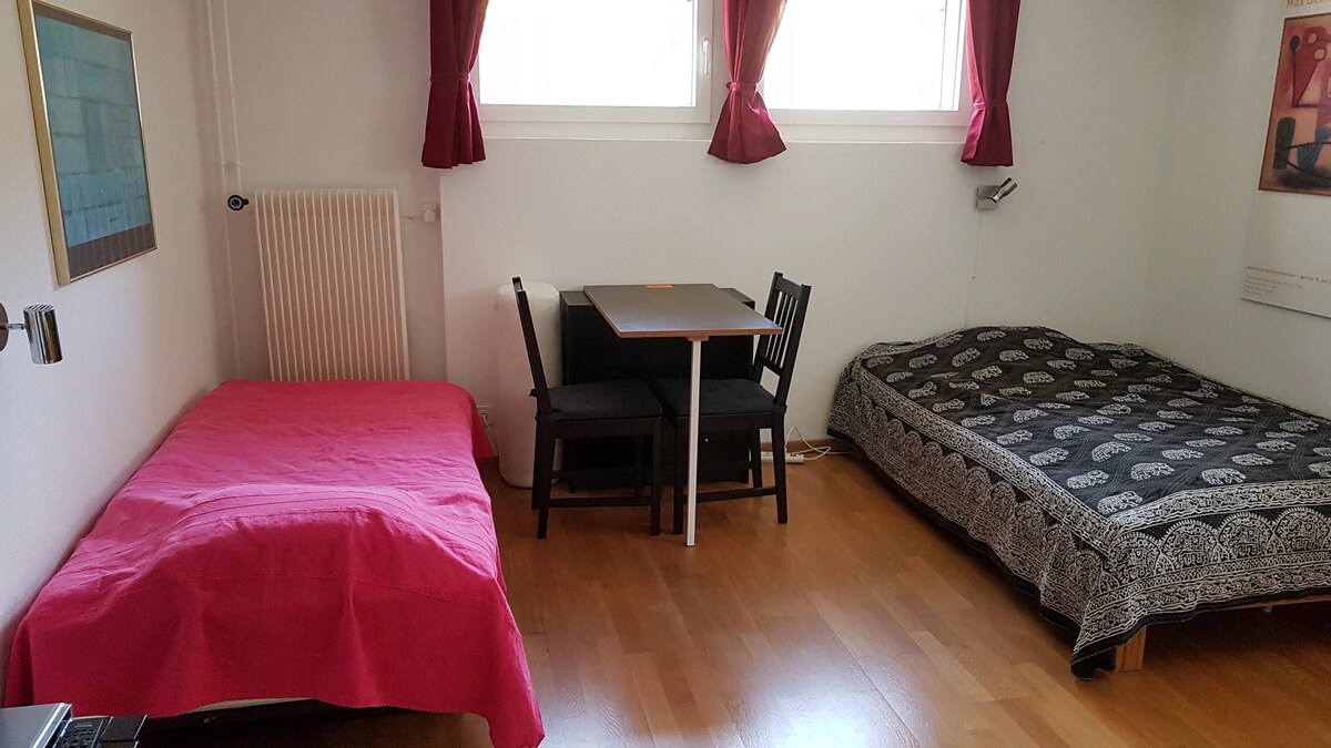 The room features two beds, one covered with a pink bedspread and the other with a patterned duvet. A small table with two black chairs is positioned between the beds. Natural light enters through two windows covered by red curtains, while wooden flooring adds warmth to the space.