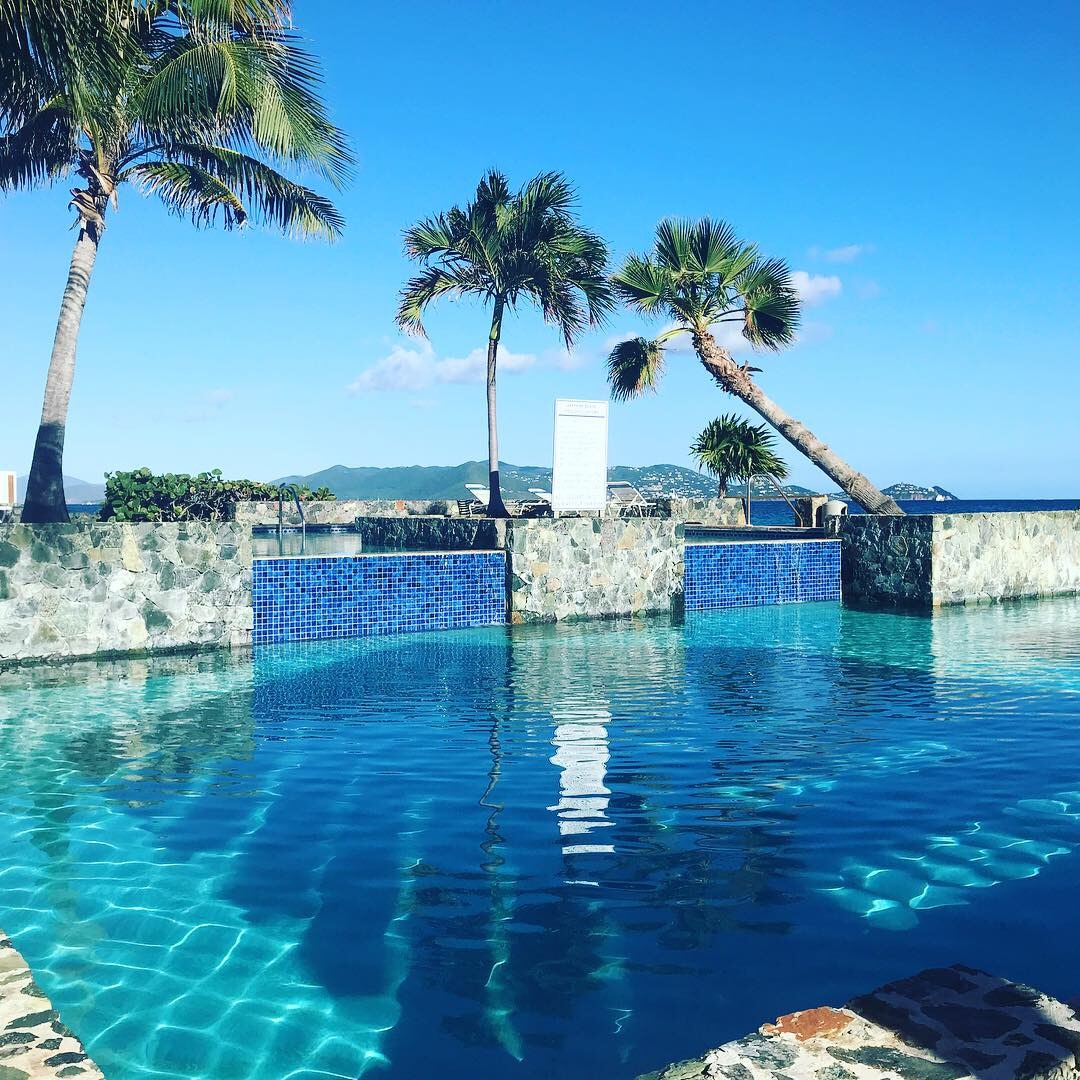 A crystal-clear swimming pool is framed by palm trees, offering views of distant green hills and a clear blue sky. The water reflects the surrounding landscape, creating a serene atmosphere perfect for relaxation.