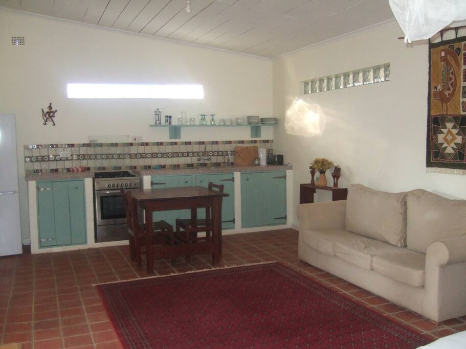 Kitchen, living, dining.