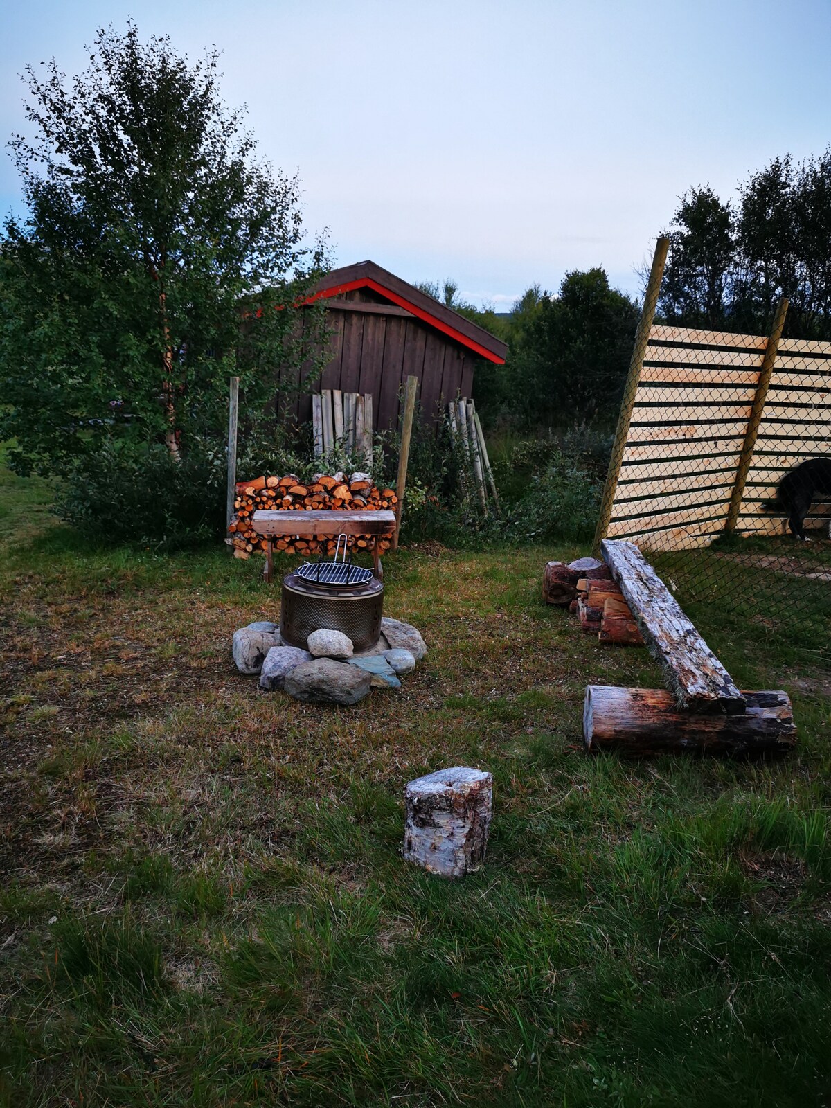 An outdoor fire pit area is surrounded by stones, with logs arranged for seating. A stack of firewood is neatly stored nearby. A rustic shed with a bright red roof is visible in the background, complemented by natural greenery.