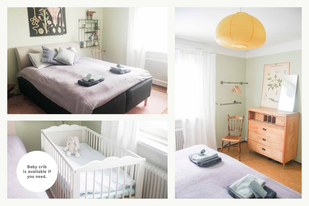 Peaceful bedroom with morning light. Bed for a small child is available if needed, please tell us in advance. Our wardrobe will be locked but there's hangers and drawers available.