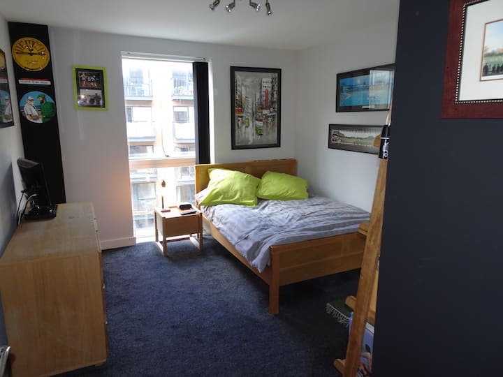 חדר שינה עם מיטה זוגית, טלוויזיה בלווין וחדר ארונות